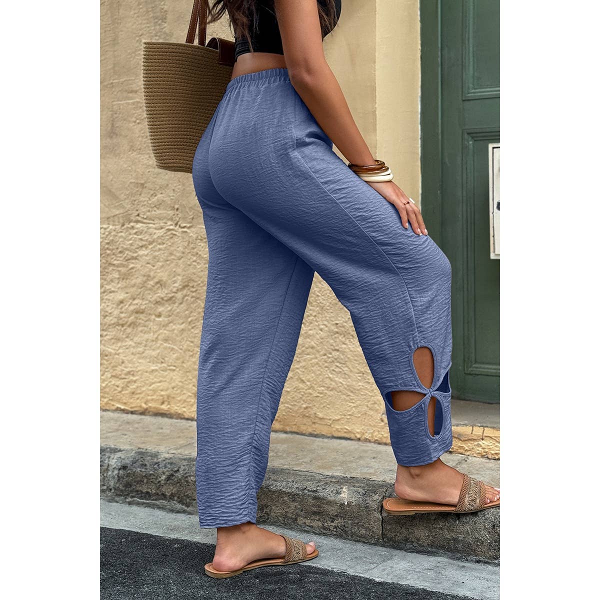 Solid Loose Elastic Waist Hollow Out Long Pant