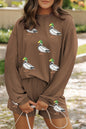 Chestnut Twisted Ribbed Sequin Mallard Graphic Long Sleeve Top and Short Set