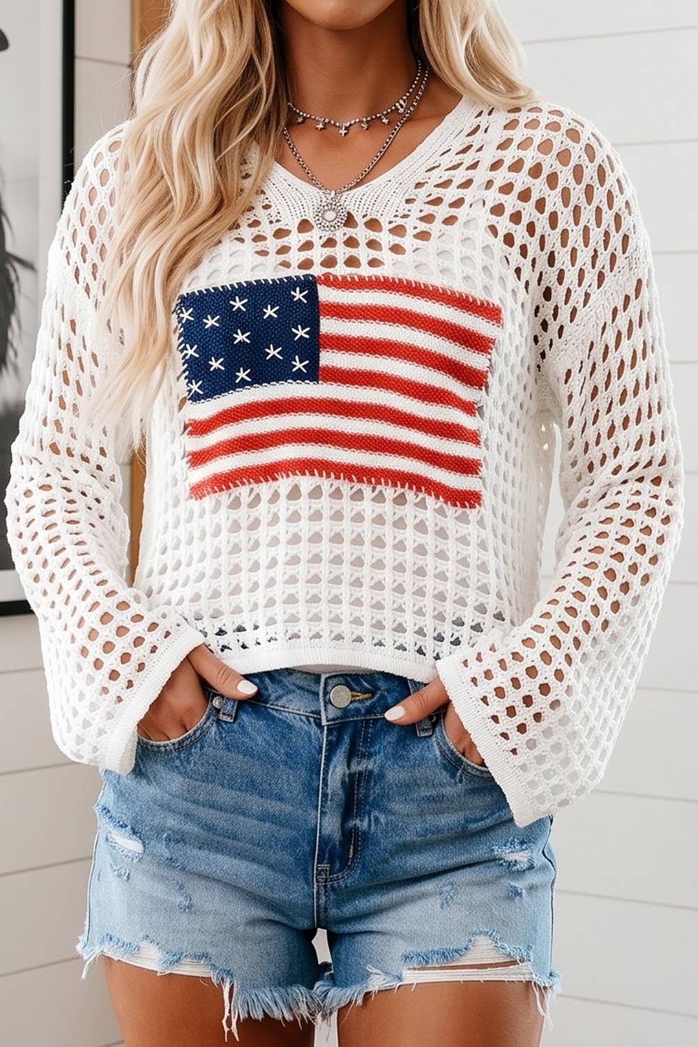 Hollow Out Crochet Knit American Flag Patched Sweater Hoodie