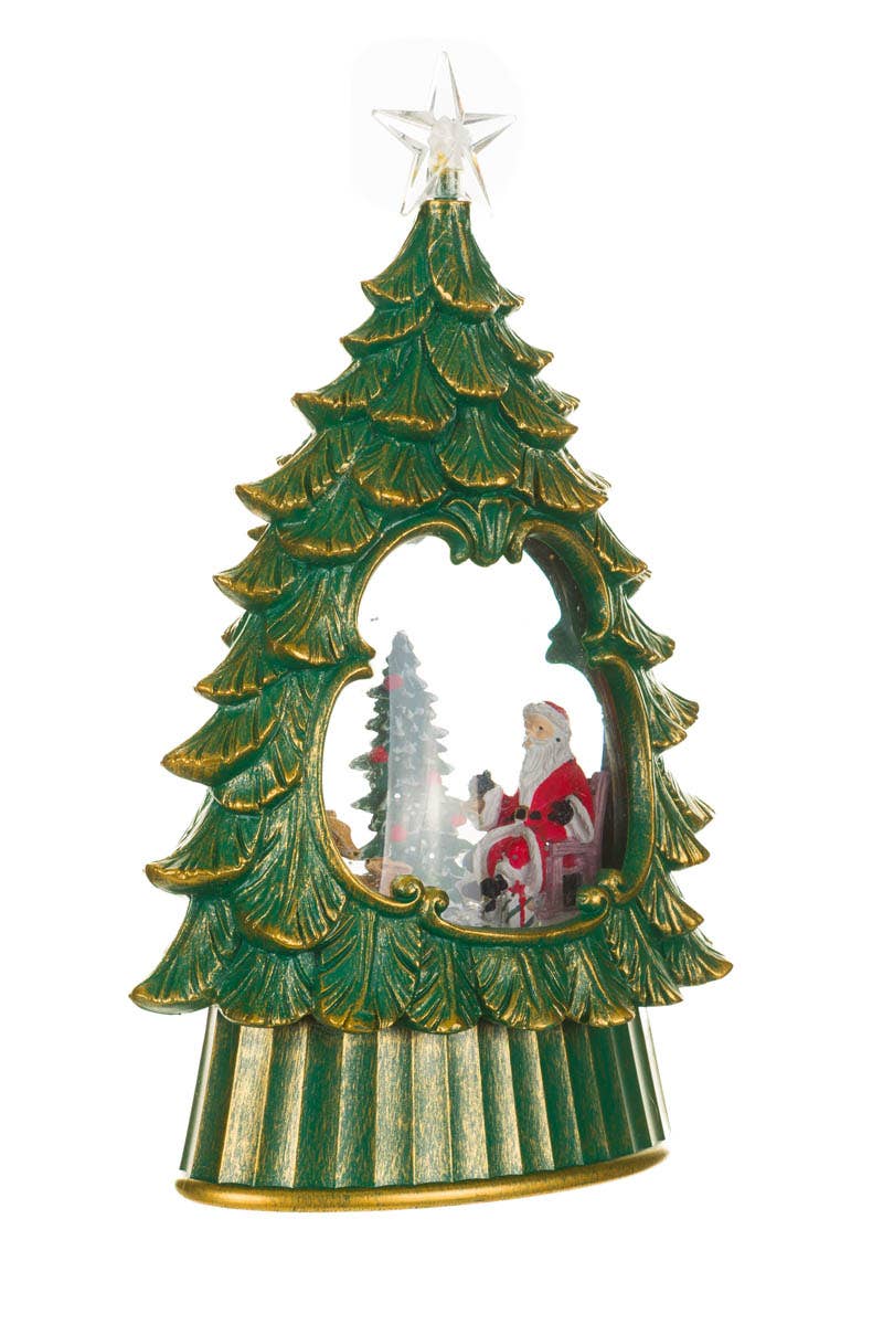 Green Led Star Topped Tree Snow Globe W/ Cozy Santa & Co