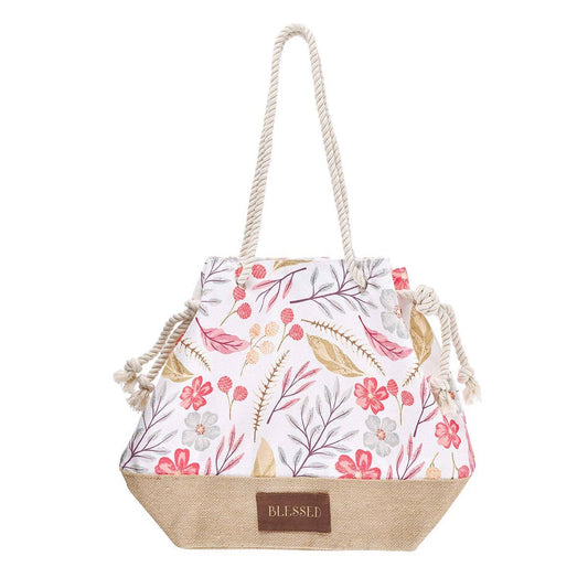 Canvas Tan/White Floral Printed Blessed Tote