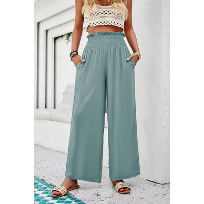 Pockets Elastic Waist Band Smocked Wide Leg Pant