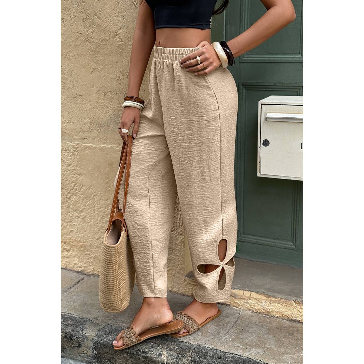 Solid Loose Elastic Waist Hollow Out Long Pant