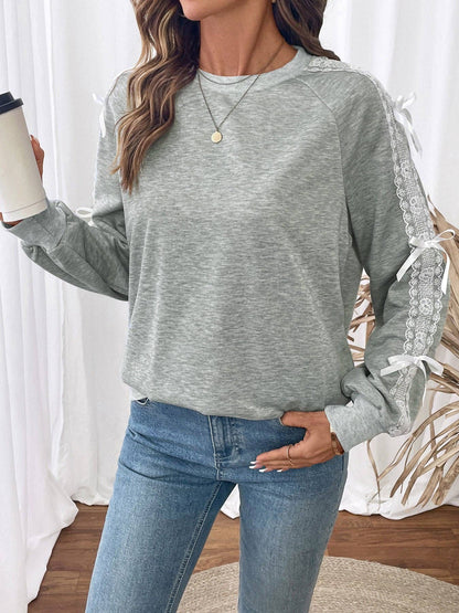 Gray Lace Bow Tie Patchwork Long Sleeve Sweatshirt