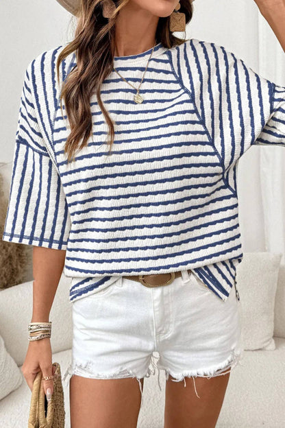 Striped Textured Tee Oversized Casual Boutique Top