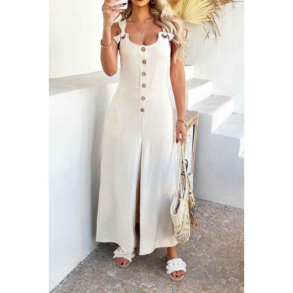 Button Front Knotted Strap Wide Leg Jumpsuit