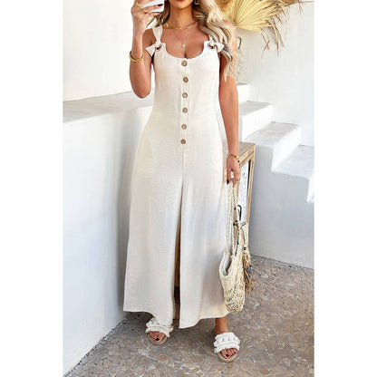 Button Front Knotted Strap Wide Leg Jumpsuit