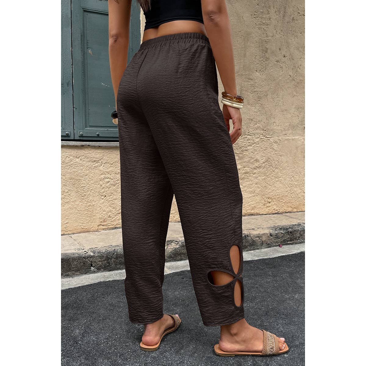 Solid Loose Elastic Waist Hollow Out Long Pant