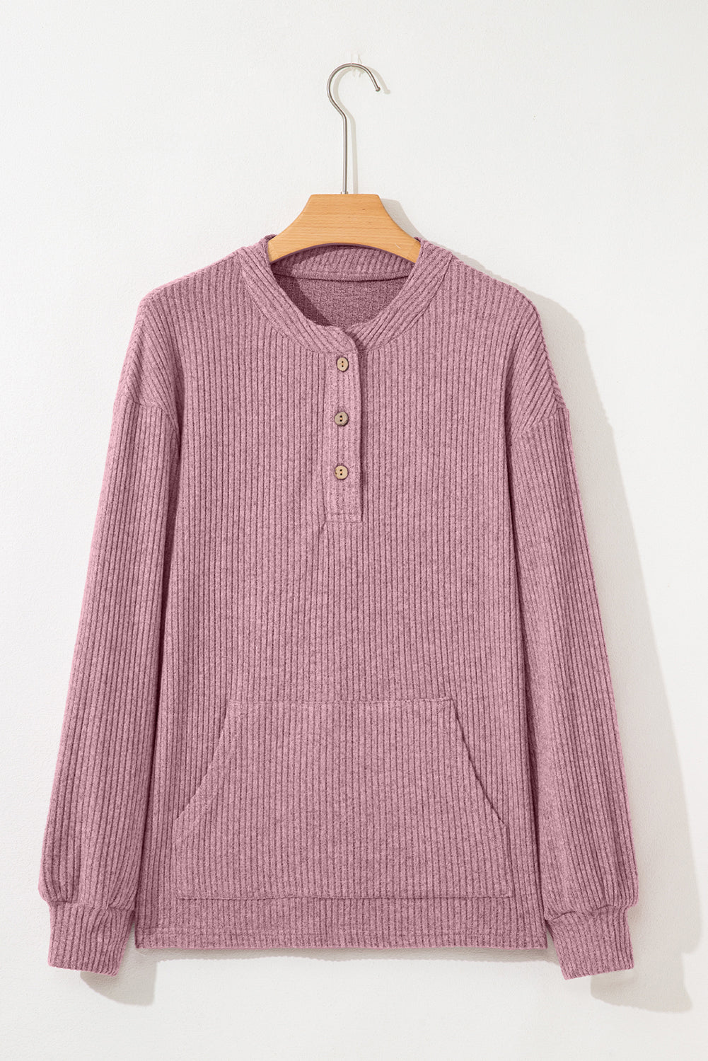 Pink Ribbed Texture Drop Shoulder Henley Knit Top