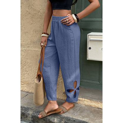 Solid Loose Elastic Waist Hollow Out Long Pant