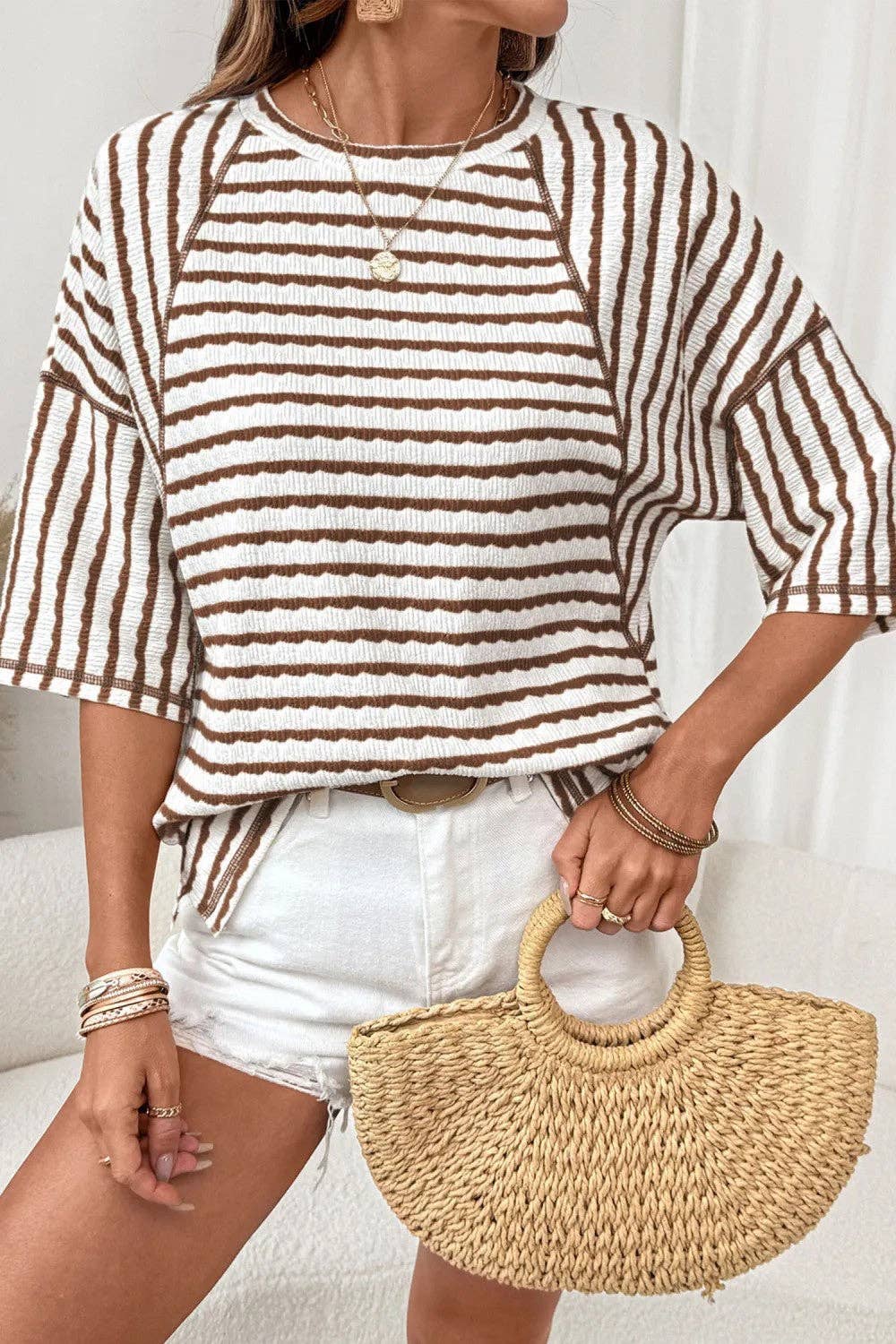 Striped Textured Tee Oversized Casual Boutique Top