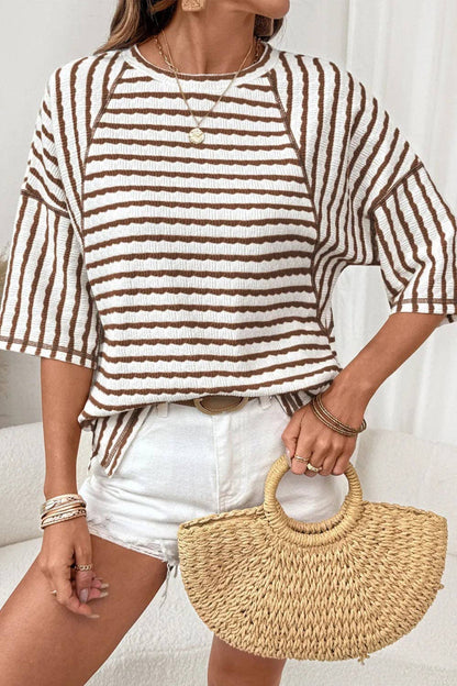 Striped Textured Tee Oversized Casual Boutique Top