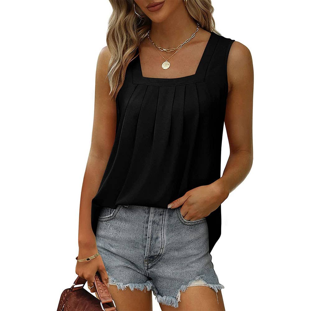 Pleated Square Neck Sleeveless High Low Casual Tank Top