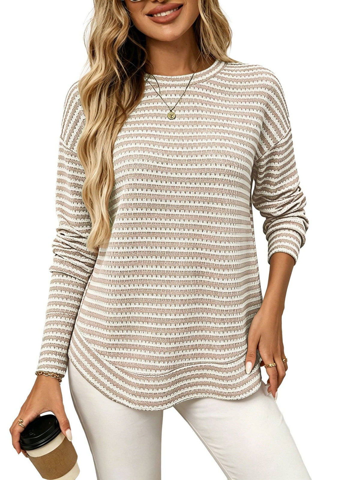 Waffle Knit Striped Long Sleeve Top Relaxed Fit Casual Style
