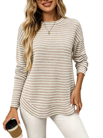 Waffle Knit Striped Long Sleeve Top Relaxed Fit Casual Style