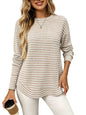 Waffle Knit Striped Long Sleeve Top Relaxed Fit Casual Style