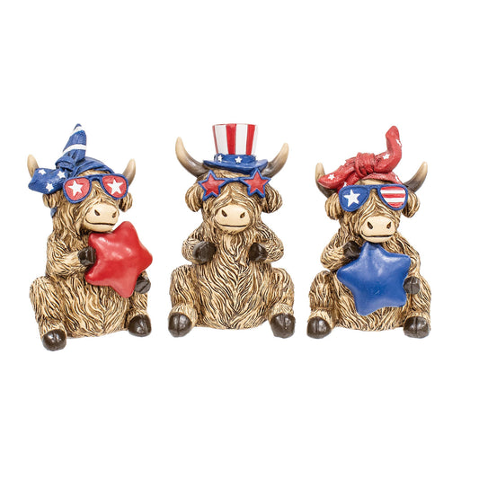 Set 3 Resin Patriotic Highland Cow