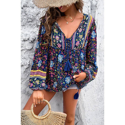 All Over Floral Print Cross Deep V Boho Top