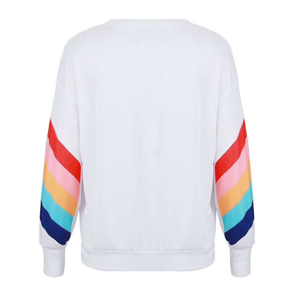 Women’s Rainbow Stripe Crewneck Pullover Casual Long Sleeve Top