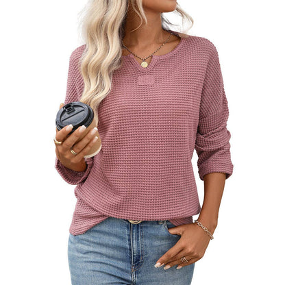 Women’s Striped Waffle Knit Long Sleeve Casual T-Shirt Top