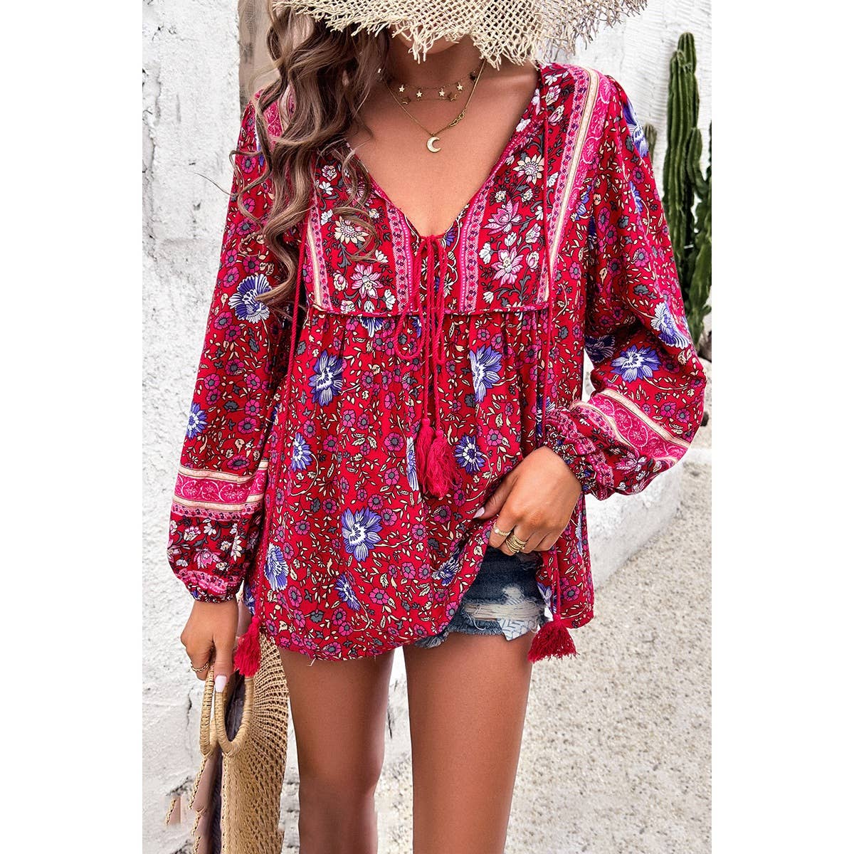 All Over Floral Print Cross Deep V Boho Top