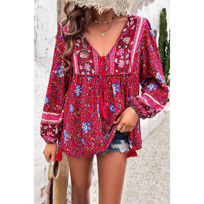 All Over Floral Print Cross Deep V Boho Top