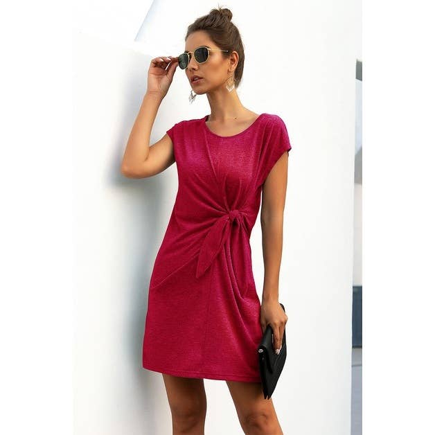 Solid Twist Knot Front Short Sleeve Tee Fit Dress