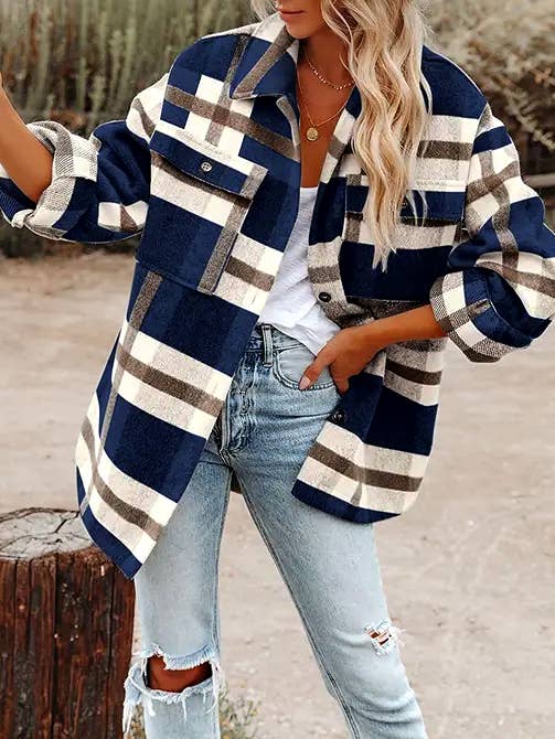 Navy Blue Plaid Button Flannel Shirt Jacket