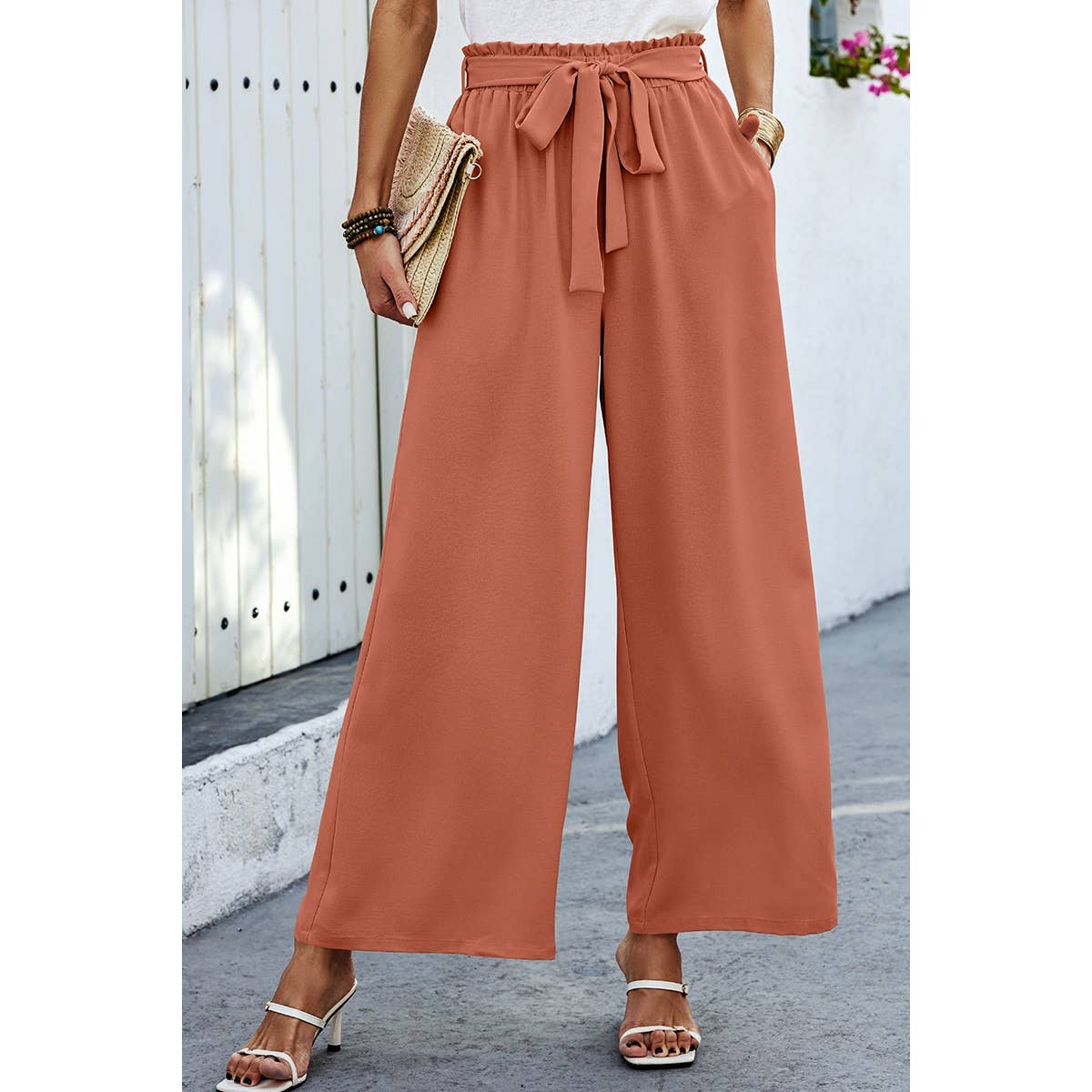Wide Leg High Waist Tie Pockets Knot Pants