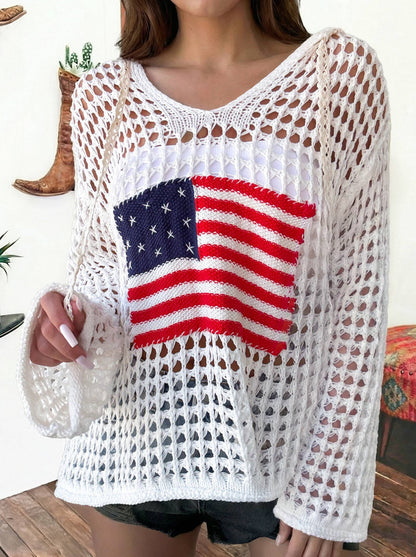 Hollow Out Crochet Knit American Flag Patched Sweater Hoodie