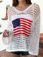 Hollow Out Crochet Knit American Flag Patched Sweater Hoodie