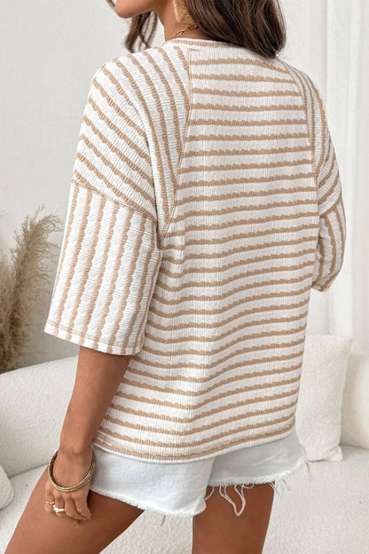 Striped Textured Tee Oversized Casual Boutique Top