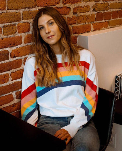 Women’s Rainbow Stripe Crewneck Pullover Casual Long Sleeve Top