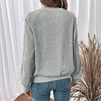 Gray Lace Bow Tie Patchwork Long Sleeve Sweatshirt