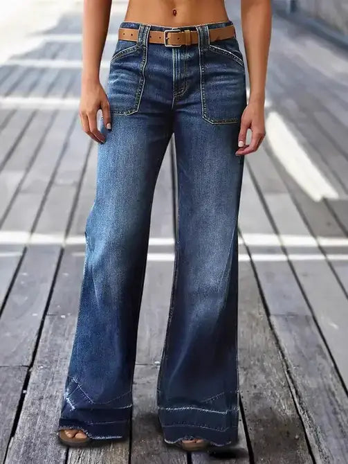 Wash Denim Wide Leg Jeans High Waist Patch Pocke