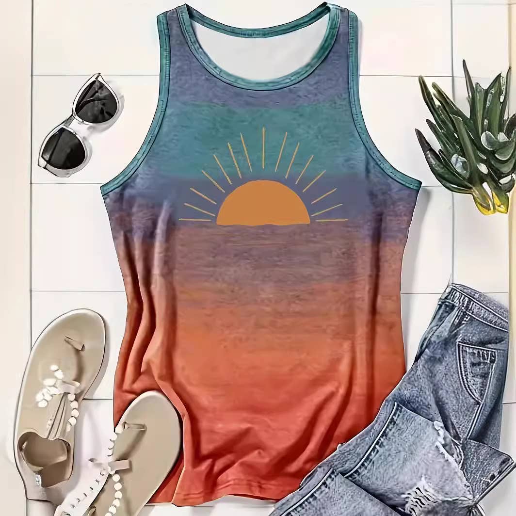 Fashion Colorful Sunrise Crewneck Tank Top