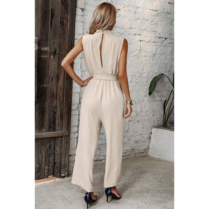 Solid Sleeveless Cut Out Back Belted Jumpsuit