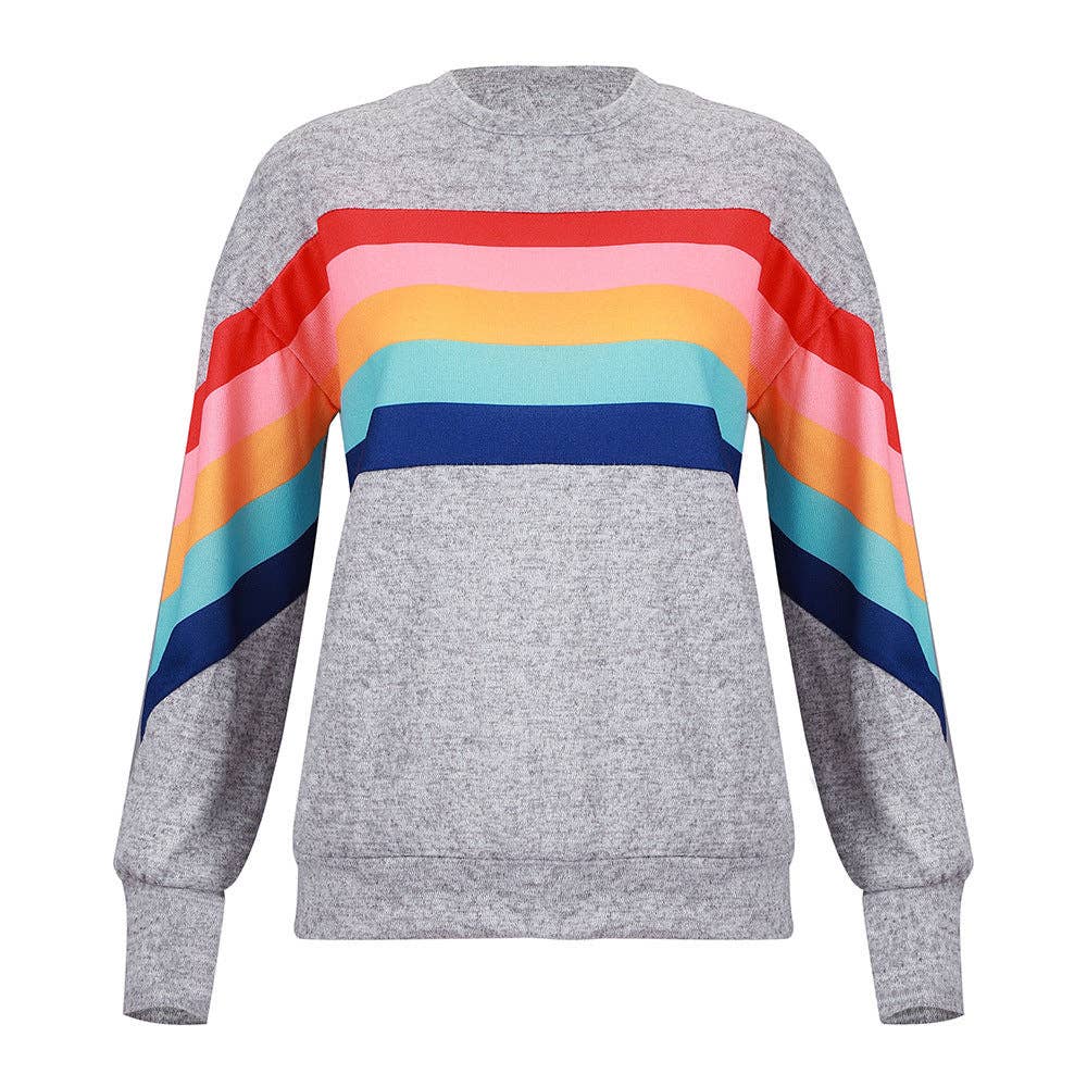 Women’s Rainbow Stripe Crewneck Pullover Casual Long Sleeve Top