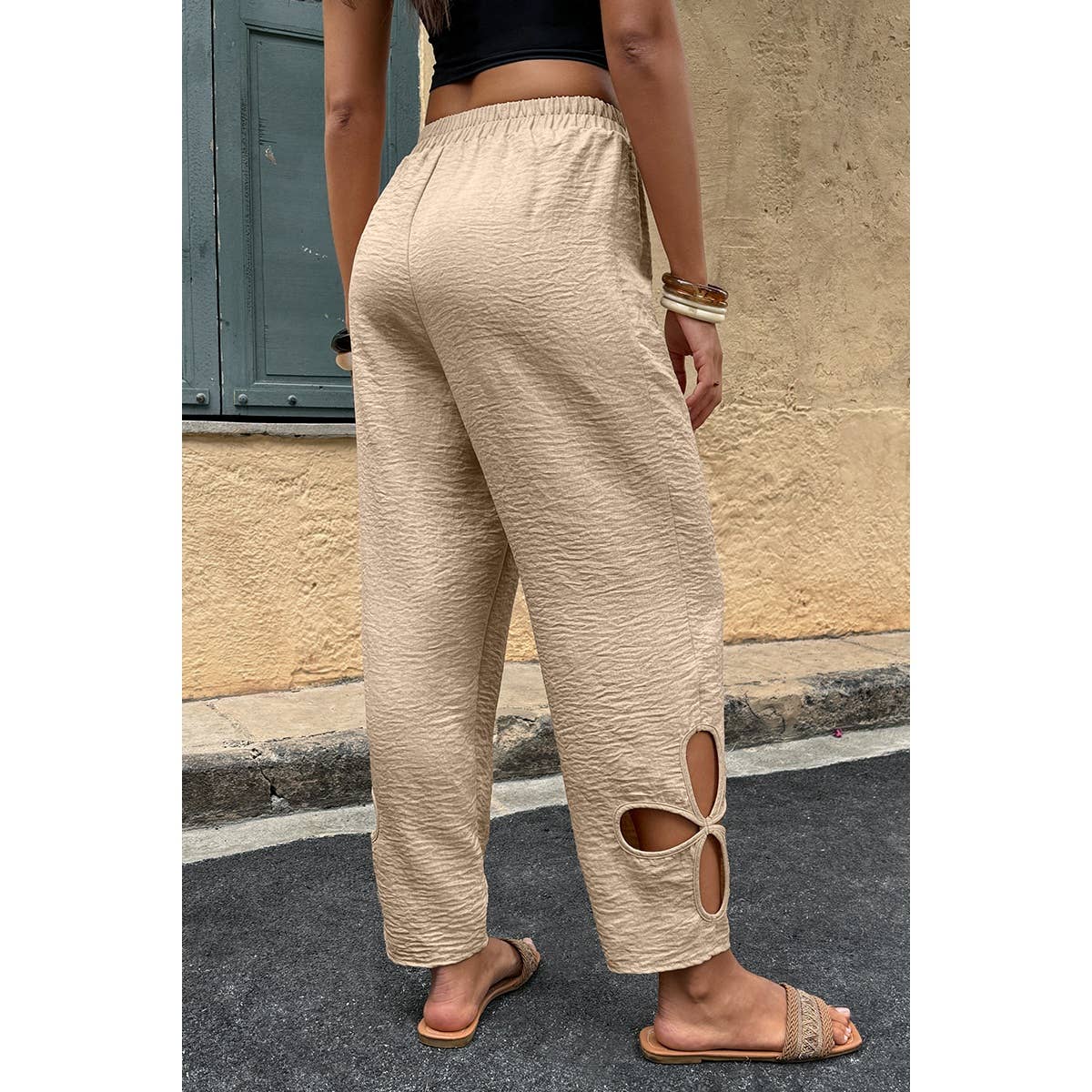Solid Loose Elastic Waist Hollow Out Long Pant
