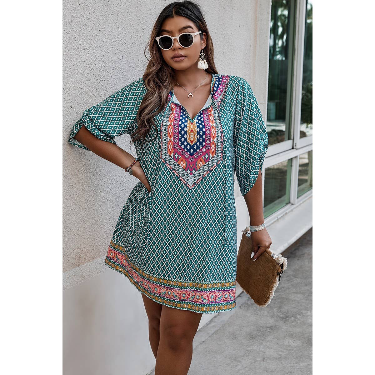 Plus Size V Neck Printed Loose Fit Midi Dress