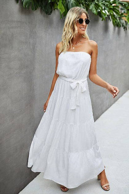 Off Shoulder Waist Tie Ruffle Dress