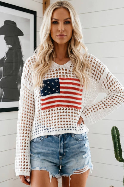 Hollow Out Crochet Knit American Flag Patched Sweater Hoodie
