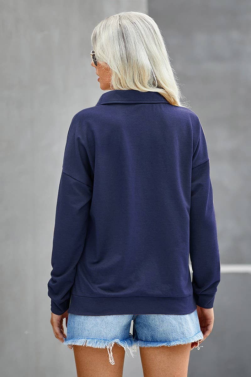 Zipper V Neck Long Sleeves Top