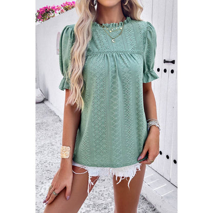 Round Neck Embroidery Ruffle Sleeve Loose Fit Shirts