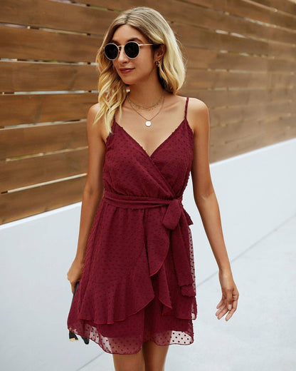 V Neck Ruffle Hem Swiss Dot Self Tie Cami Dress