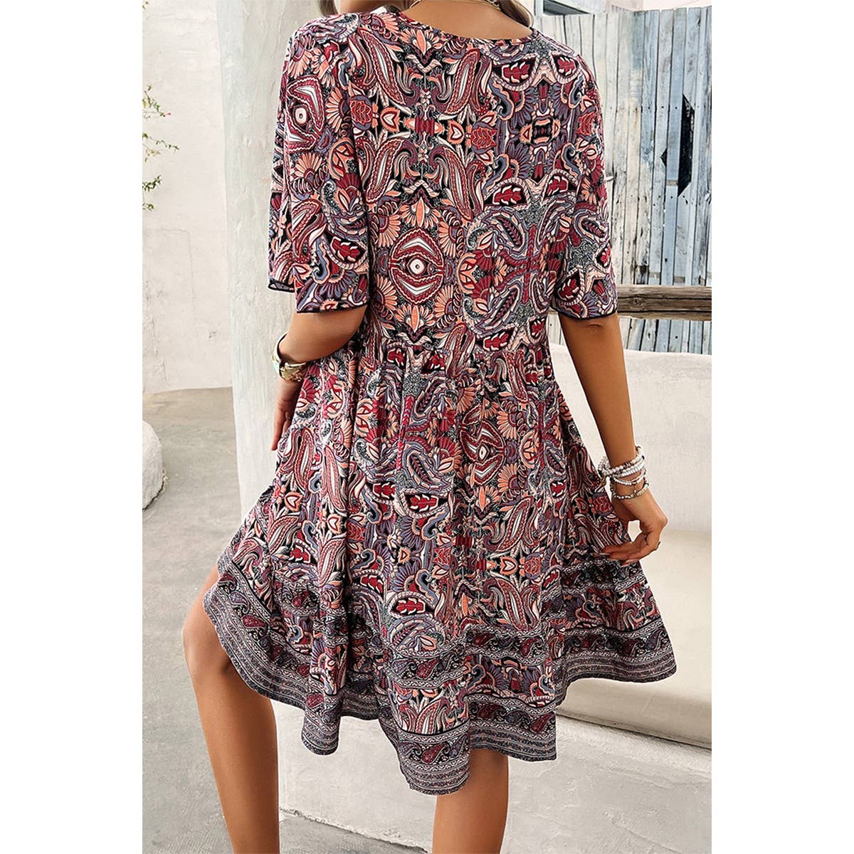 Allover Print Lace Trim Loose A Line Dress