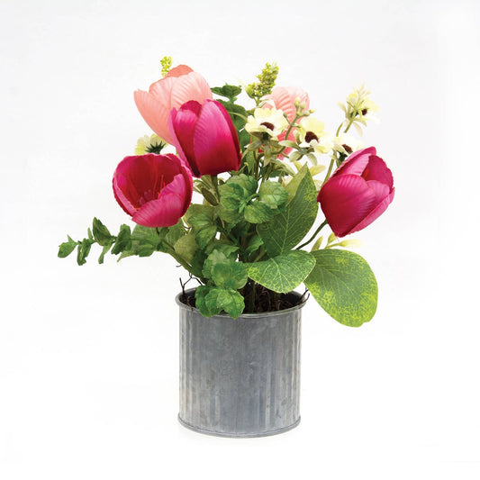 Pink Tulips & Wildflowers in Metal Pot - 8.5"H