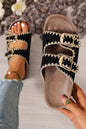 Beige Embroidered Trim Retro Buckle Faux Suede Slippers