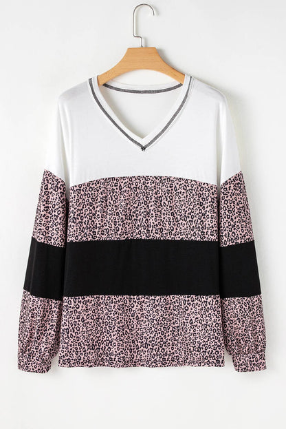 Plus Size Leopard Print Colorblock V Neck Long Sleeve Top