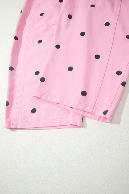 Jet Stream Polka Dot Print Bib Pocket Denim Barrel Overalls Jumpsuit